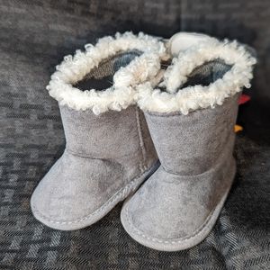 First Steps Baby Faux Suede Dino Booties Grey Size 0-3m.
